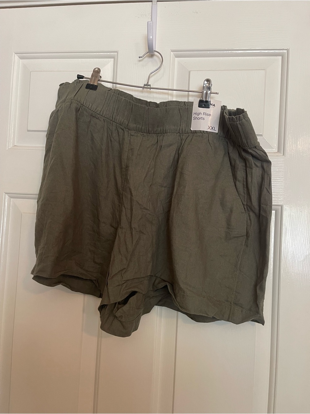 High-Rise Olive Green Women’s Shorts with Elastic Waistband Linen Blend